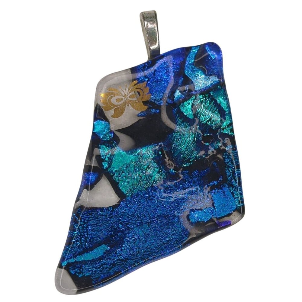 Dichroic Cobalt Blue Teal Fused Glass Pendant Butterfly Detail Silver-Tone Bail
